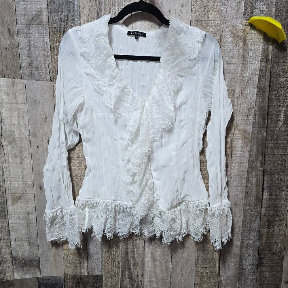 Le Caviar White Ruffle Crinkle Lace Blouse Medium Whimsygoth Victorian Renaissan